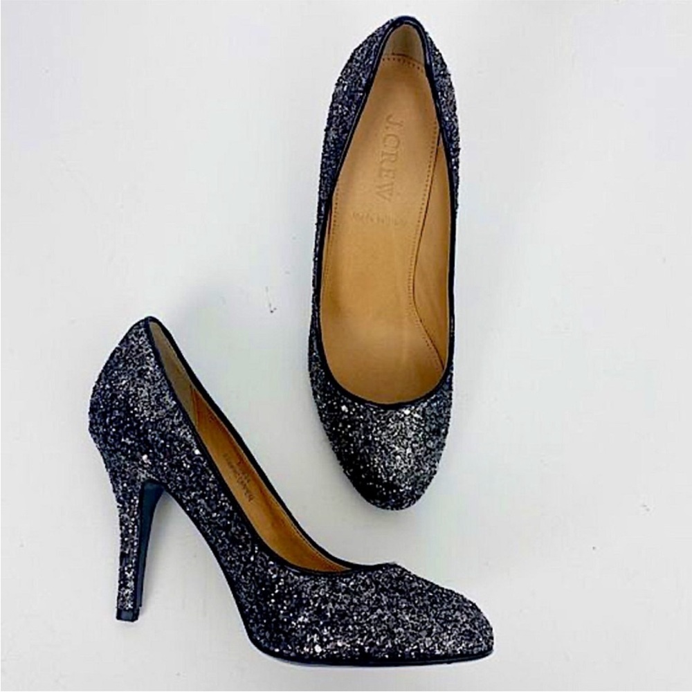 J. Crew | Women’s Silver Glitter Round Toe Mona Heels Pumps Made In Italy Size 7